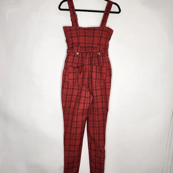 WeWoreWhat Y2K Plaid Moto Jumpsuit Overalls Stretch Buckle Adjustable Straps Red - Picture 3 of 9